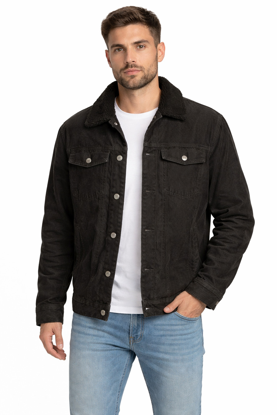 Distortion Corduroy Sherpa Trucker Jacket Mens Black Button Front  Size Medium